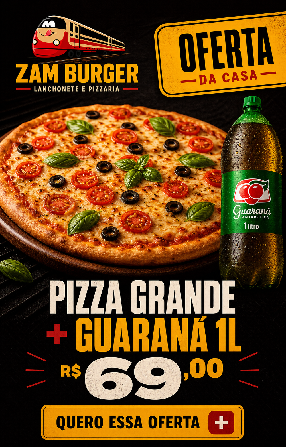 Oferta da Casa: Pizza grande mais Guaraná de 1 litro por R$ 69,00